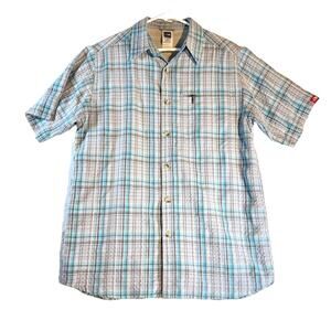 The North Face Button Shirt Men's Medium Zip Pocket "Seersucker-like" Grey Blue
